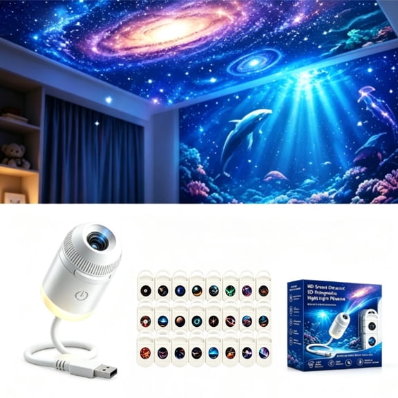2026 New Hd Smart Dynamic 5d Holographic Night Light Projector, Plug and Play Hd Star Projector, 360° Adjustable Hd Galaxy and Ocean Projector for Bedroom Ceiling,24 Films
