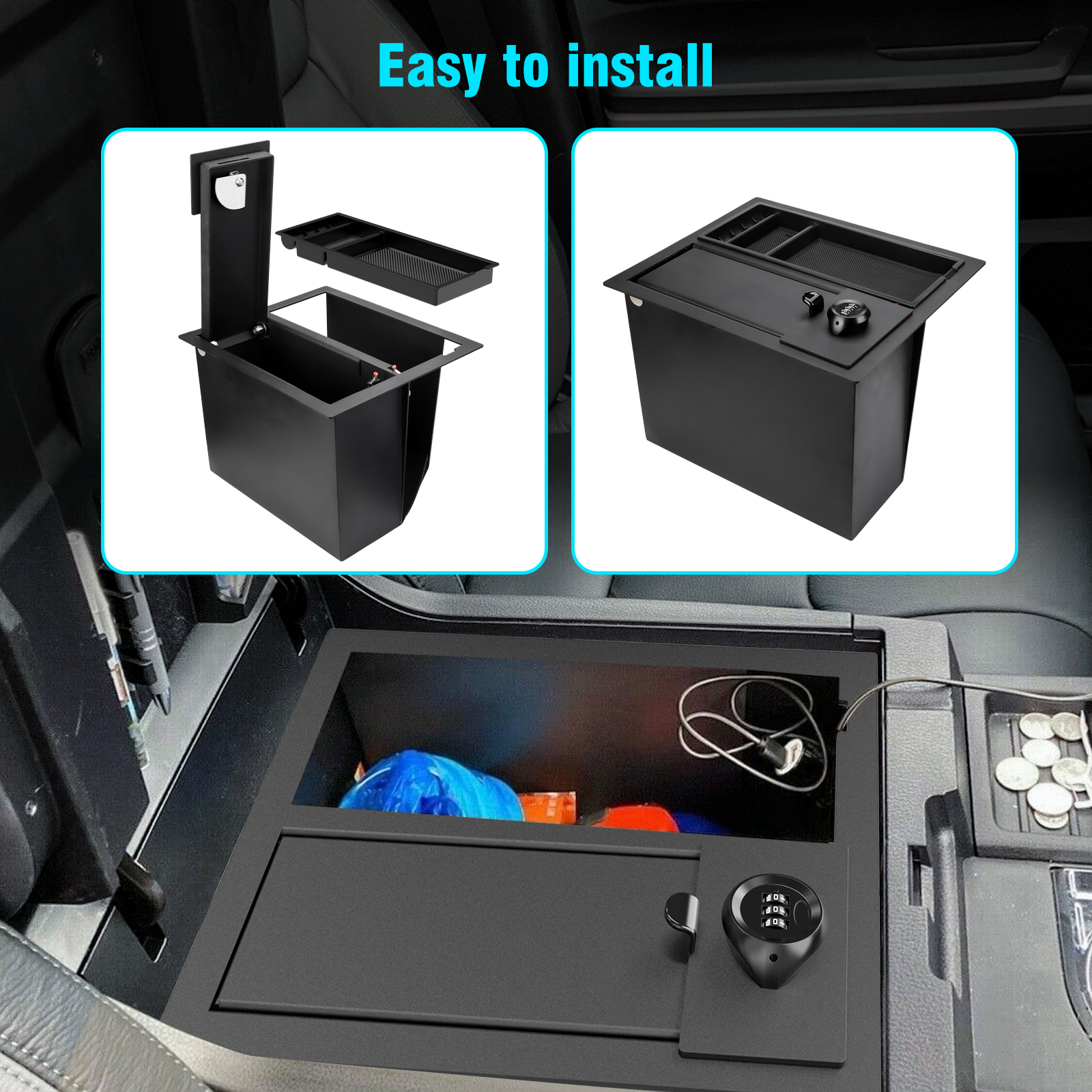 3mirrors Center Console Safe Gun Safe Box with LED Light and Coin Tray Mat Compatible with Toyota Tundra 2014-2021