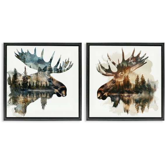 Stupell Industries Woodland Moose Forest Silhouettes Animals Painting Black Floater Framed Canvas Art Print Wall Art, 18 x 18, Set of 2