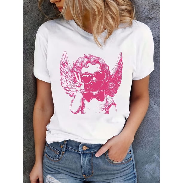 Women's Vintage Cupid Valentine's Day T-Shirt - Playful Blown Bubble Print, Casual Crew Neck Short Sleeve Top, Soft , Perfect for Spring & Summer Tee Tee For Adult, Men, Women, Teen, Teenager, Adoles