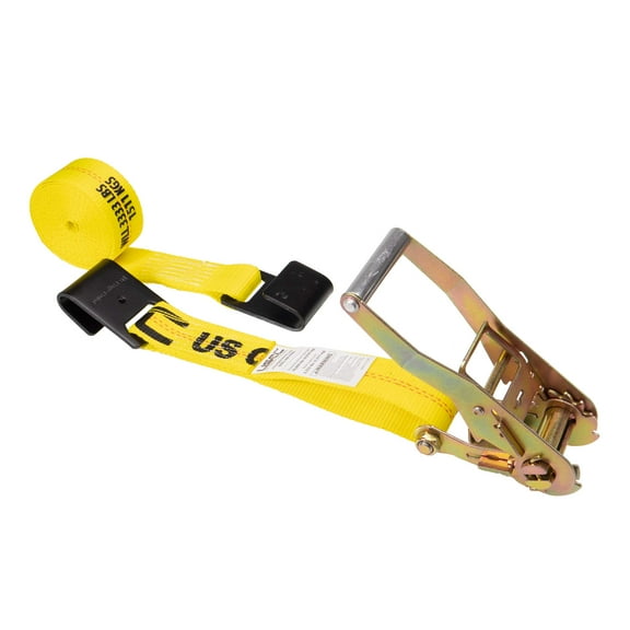 US Cargo Control Flat Hook Ratchet Strap 2 Inch X 30 Foot, 10,000 LBS Break Strength, Yellow Heavy Duty Ratchet Straps with Black Flat Hooks, Tie Downs for Flatbed Trailer