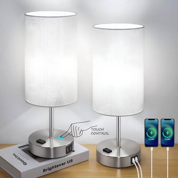 HIBIBUD Set of 2 Touch Control Dimmable Table Lamps with 2 USB Charging Ports & AC Outlet Bedroom Lamps Set of 2