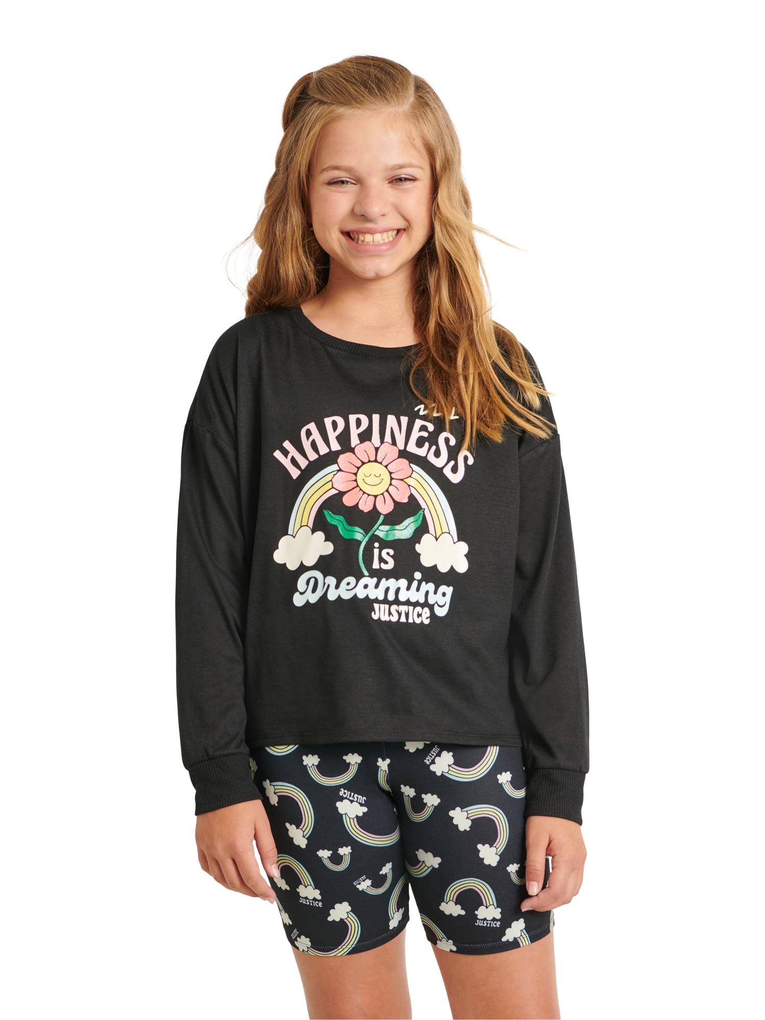 Justice Girls Long Sleeve Top and Tight Fit Biker Short, 2-piece Pajama Set, Sizes 6-14