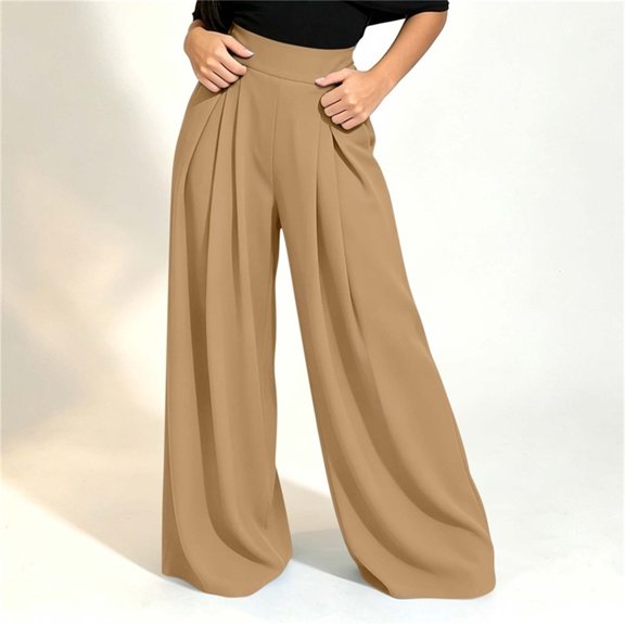 BRELIL Women Plus Size Wide Leg High Waisted Flowy Trousers with Pockets Casual Loose Long Palazzo Pants Baggy Dressy Fall Winter Outfits, Khaki S