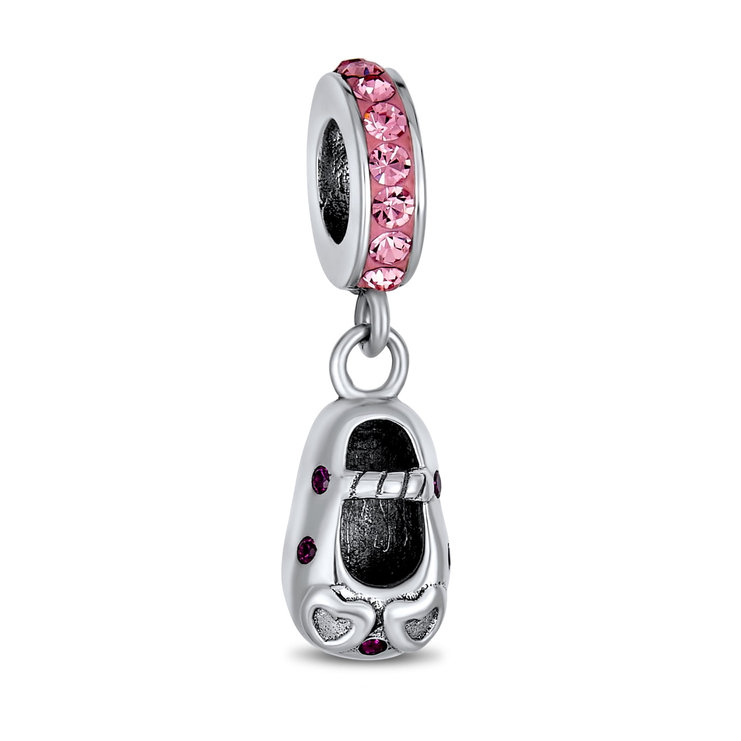 Italian Charm Sterling Silver Pink CZ Dangle Heart October Stainless Steel Link