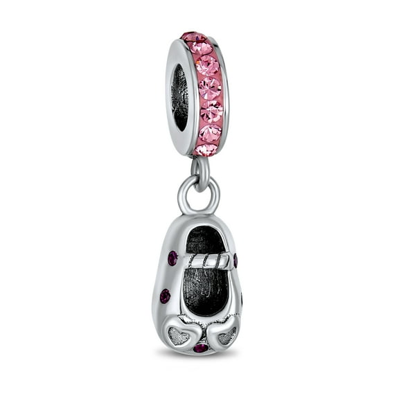 Bling Jewelry Womens Pink Crystal Heart Shoe Dangle Charm Bead for New Moms Sterling Silver Bracelet