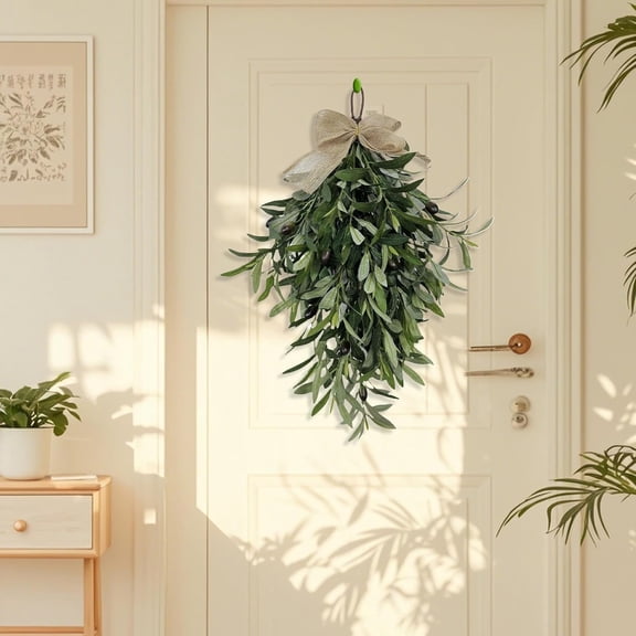 24" Easter Teardrop Swag - with Burlap Bow Artificial Greenery Olive Swag for Front Door, Wedding Arch Window Wall Birthday Party Holiday Easter Decoration
