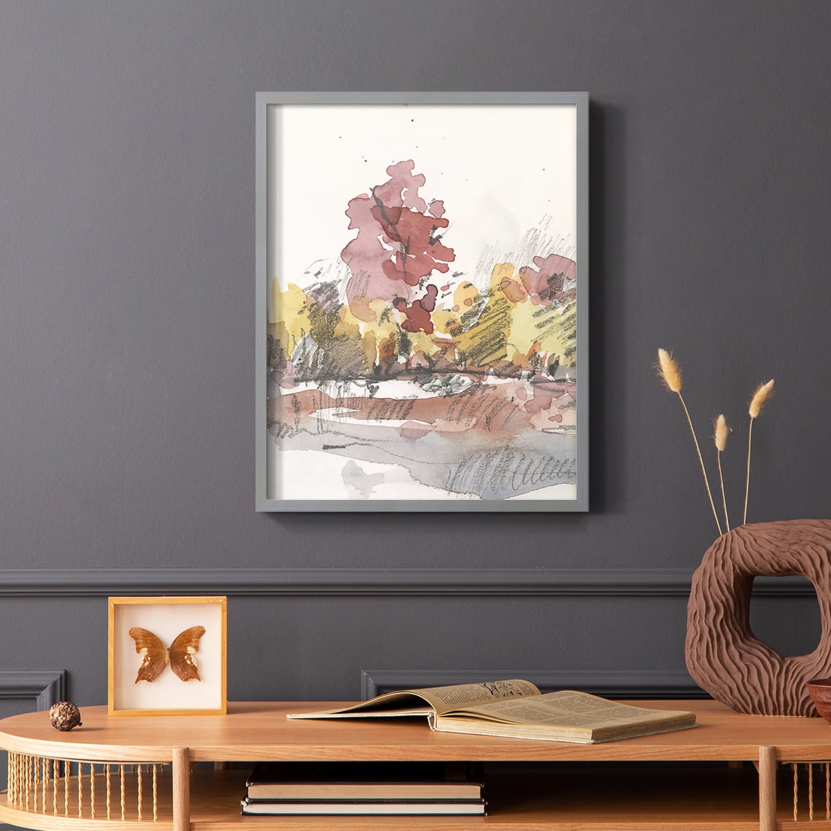Watercolor Treeline Sketch I Framed Print in Gray Solid Wood 11 x 14 Framed Print