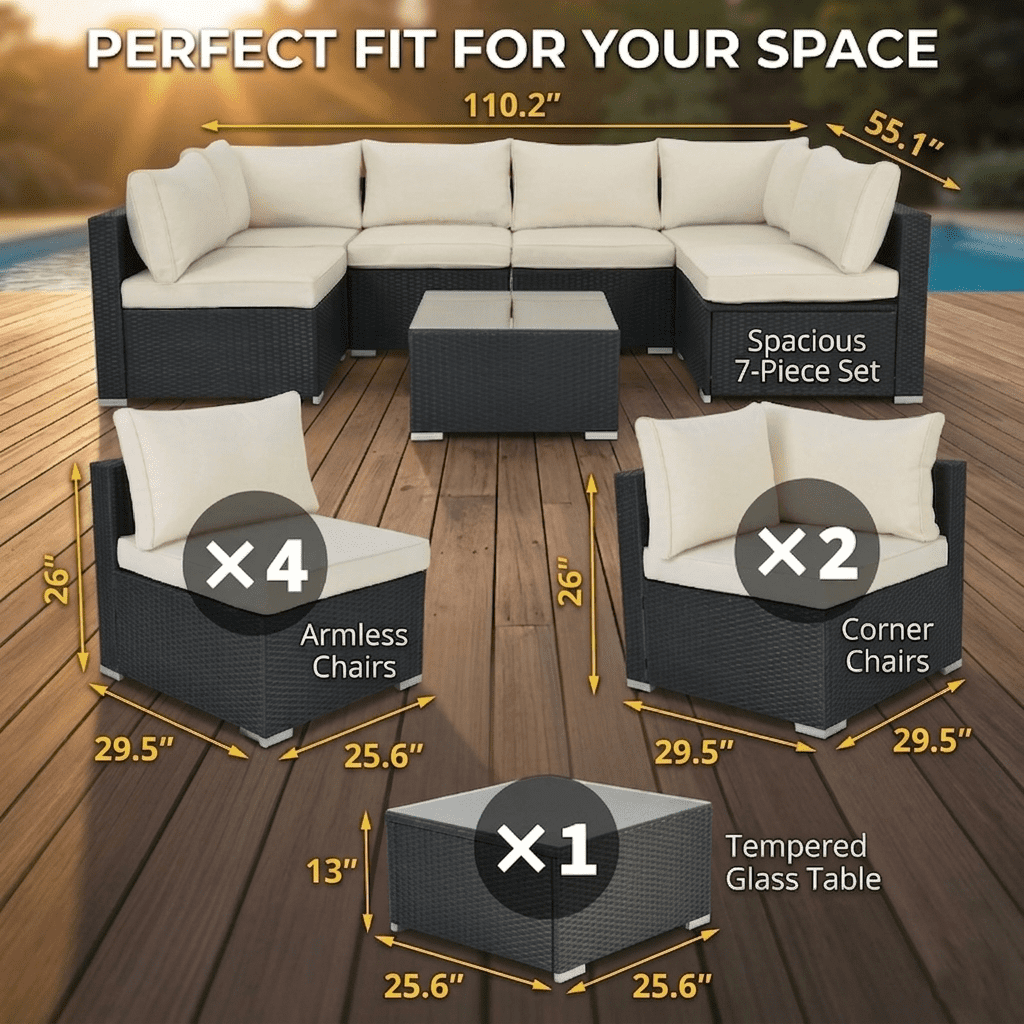 Howcool 7-Piece Modular Outdoor Patio Furniture Set with Cushions and Tempered Glass Table
