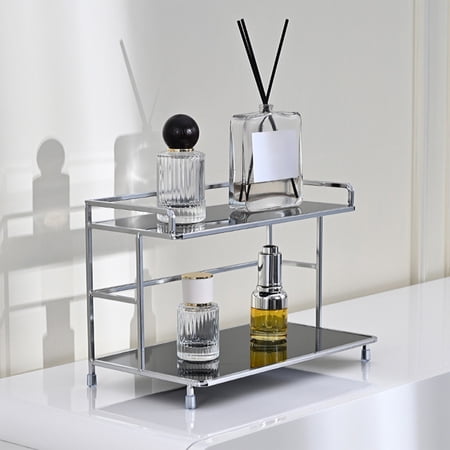 Kitchen Tabletop Water Cup Rack - Small Storage Rack Bathroom Cosmetics Organizer - Acrylic Iron Double Layer Shelf for Countertop Dressing Table Desk Toiletries Perfume Organizer 2 Tier