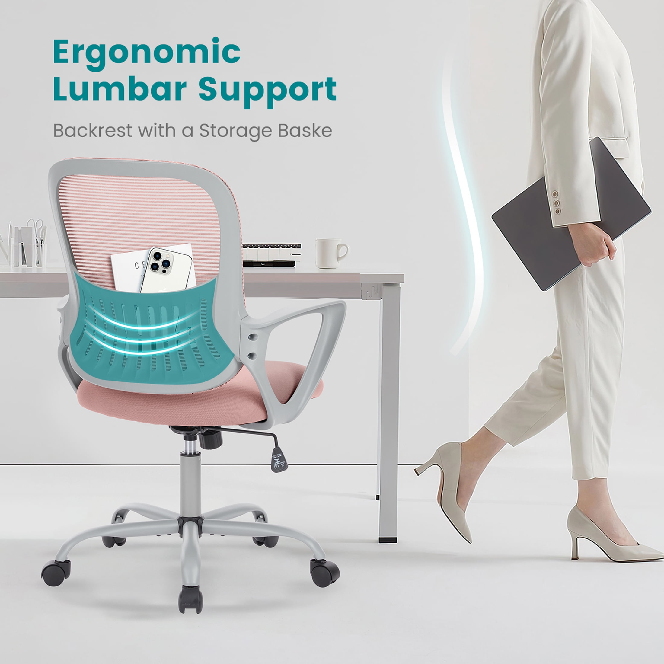 JOINSUN Office Mesh Chair, Ergonomic Mid-Back with Wheels, Lumbar Support, Armrests for Home, Pink