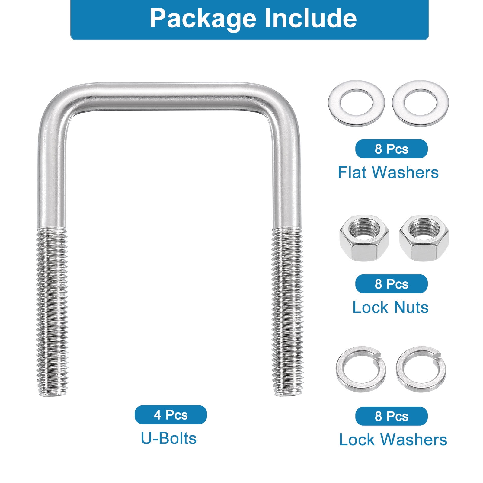 Uxcell U Bolts, 4 Set 3-1/16" x 4-5/16" - 304 Stainless Steel Square U Bolt with Washers and Nuts, Heavy Duty U-Bolts for Boat Trailer Ski Boat Trailer Sailboat Industrial Fasteners