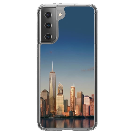 DistinctInk Clear Shockproof Hybrid Case for Galaxy S21  PLUS 5G (6.7" Screen) - TPU Bumper, Acrylic Back, Tempered Glass Screen Protector - New York Skyline New - The Big Apple