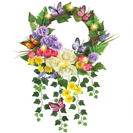 Lighted Outdoor Wreaths Lighted LED Floral Spring Wreath with Cascading Ivy and Butterflies, Spring Décor for Home or Outdoor Accent ()