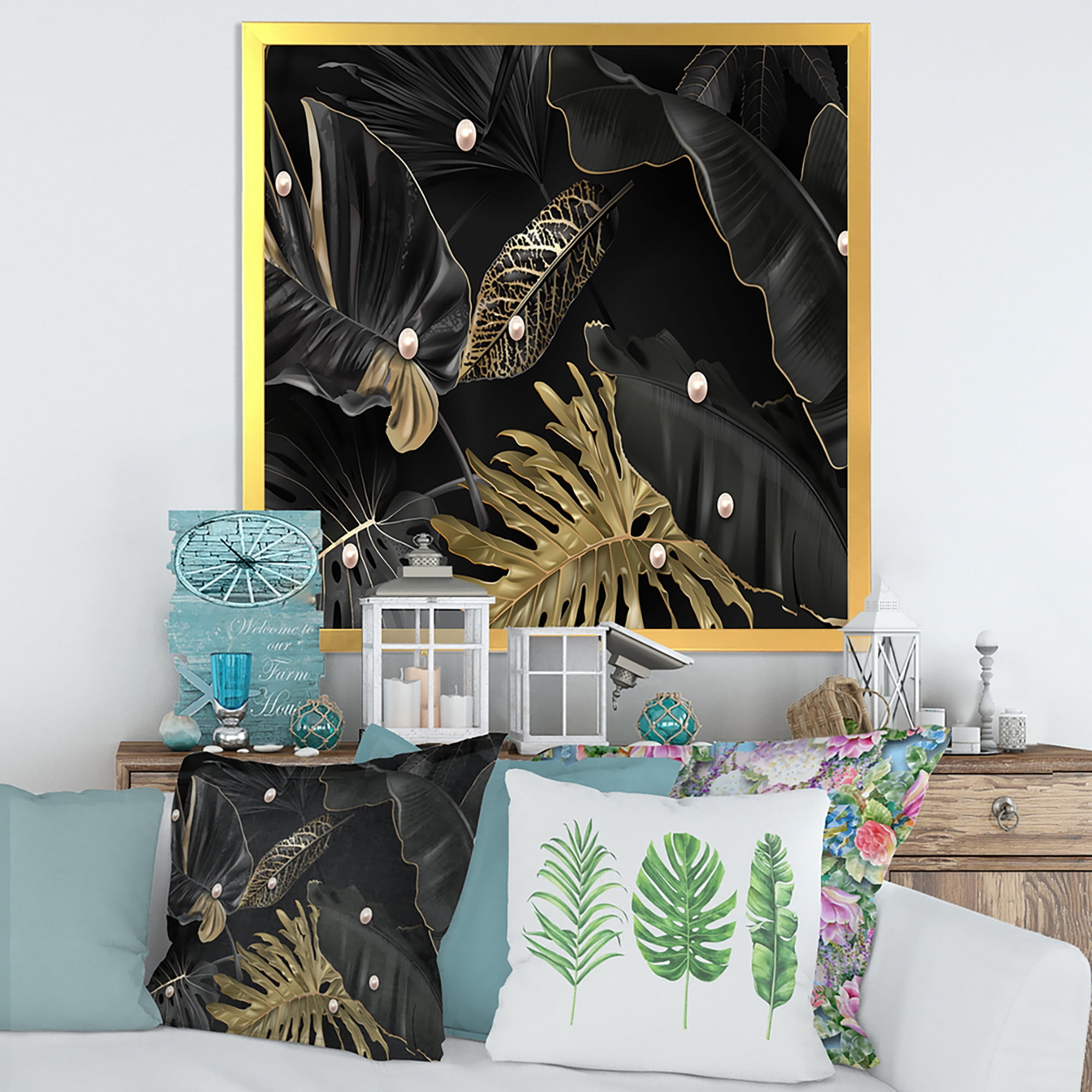 Designart 'Gold and Black Tropical Leaves III' Modern Framed Art Print