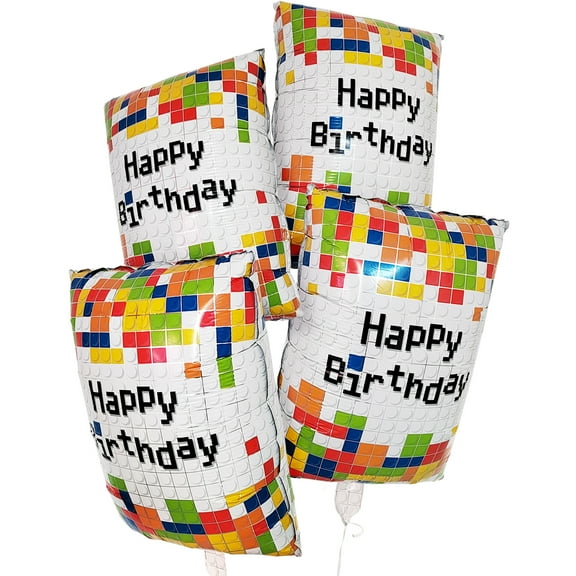 CYMYLAR Happy Birthday Building Block Balloons - Multicolor Pixel Foil Party Decor for Kids & Adults 4Pcs