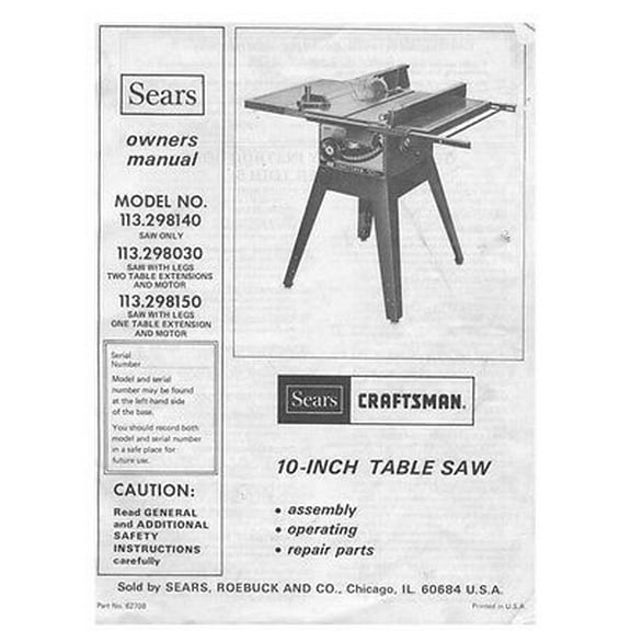 1978 Craftsman 113.298140 / 113.298030 / 113.298150 10" Tablesaw Manual REPRINT