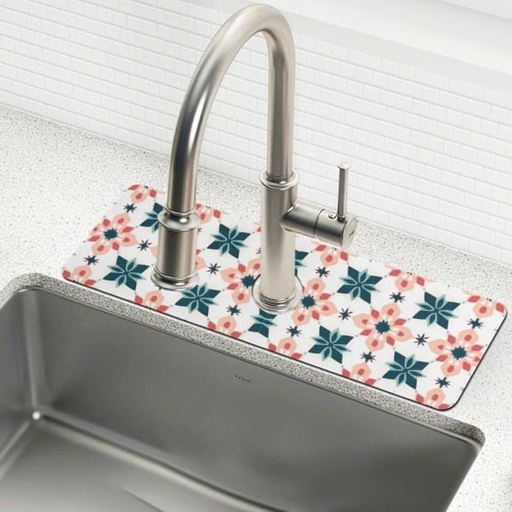 Yayeee Faucet Mat for Kitchen Sink 14.7" Diatomite Long Splash Guard Pad, Flowers Geometric Pattern