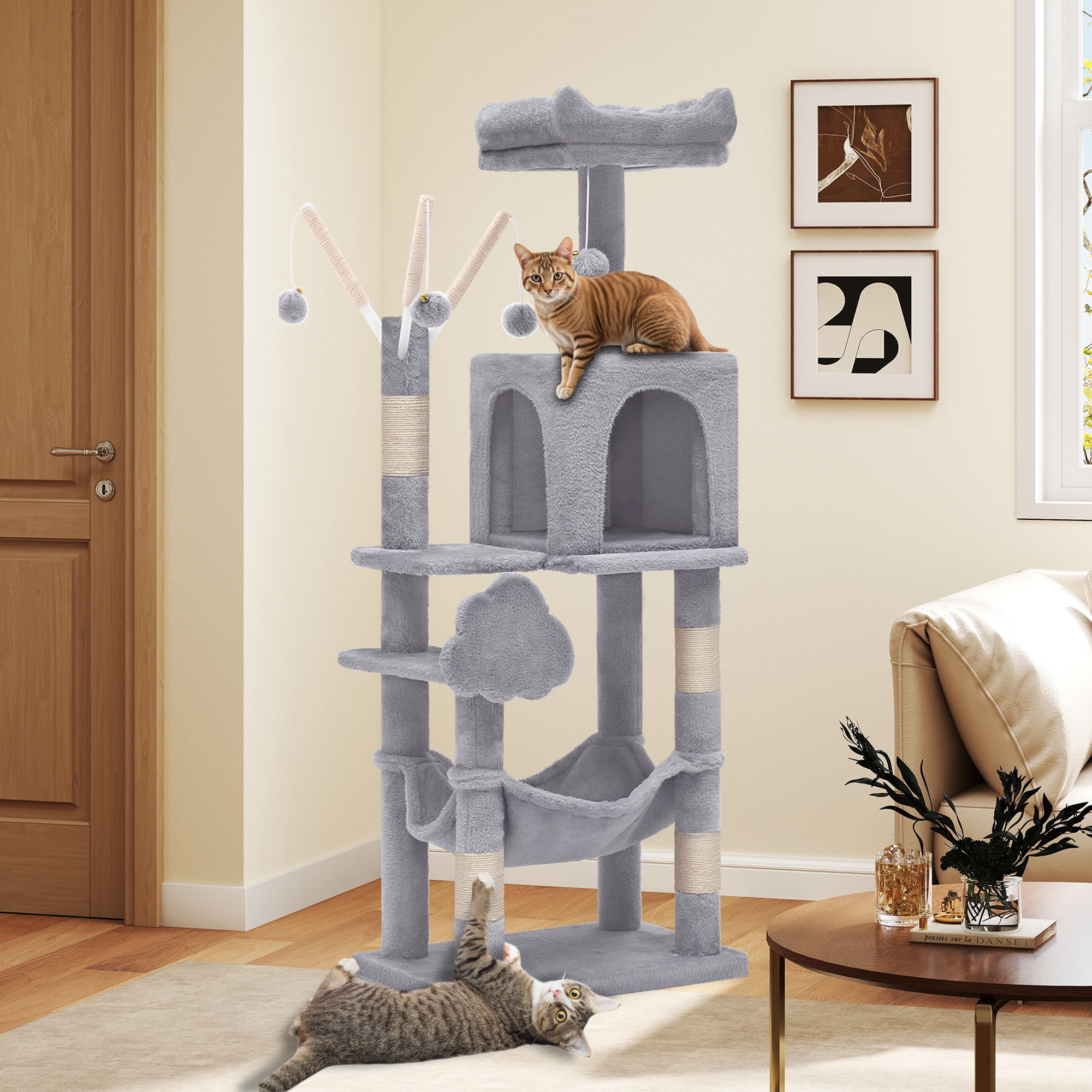 Uforic 44" Cat Tree Tower, with Scratch Posts, Condo, Hammock, Toys, Light Gray