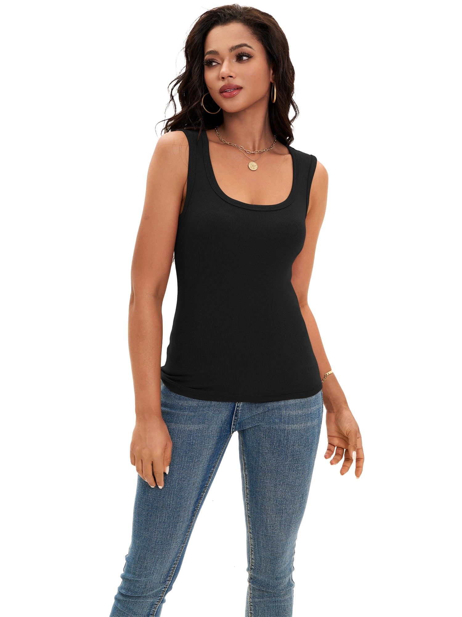 DARING DIVA Women's Sleeveless Scoop Neck Casual Fitted Tee Shirts S Black