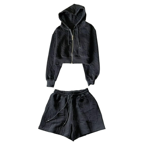 2 Pcs/Set Women Hoodie Shorts Suit Hooded Zip-up Long Sleeves Solid Color Short Coat Elastic High Waist Trousers Sport Fall Winter Tracksuit