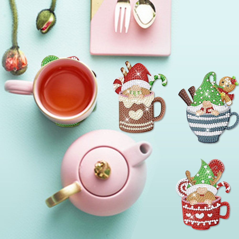 8Pcs Diamond Painting Coasters Christmas Santa Claus Diamond Acrylic Coasters with Holder Diamond Art Cup Coasters for Christmas Party