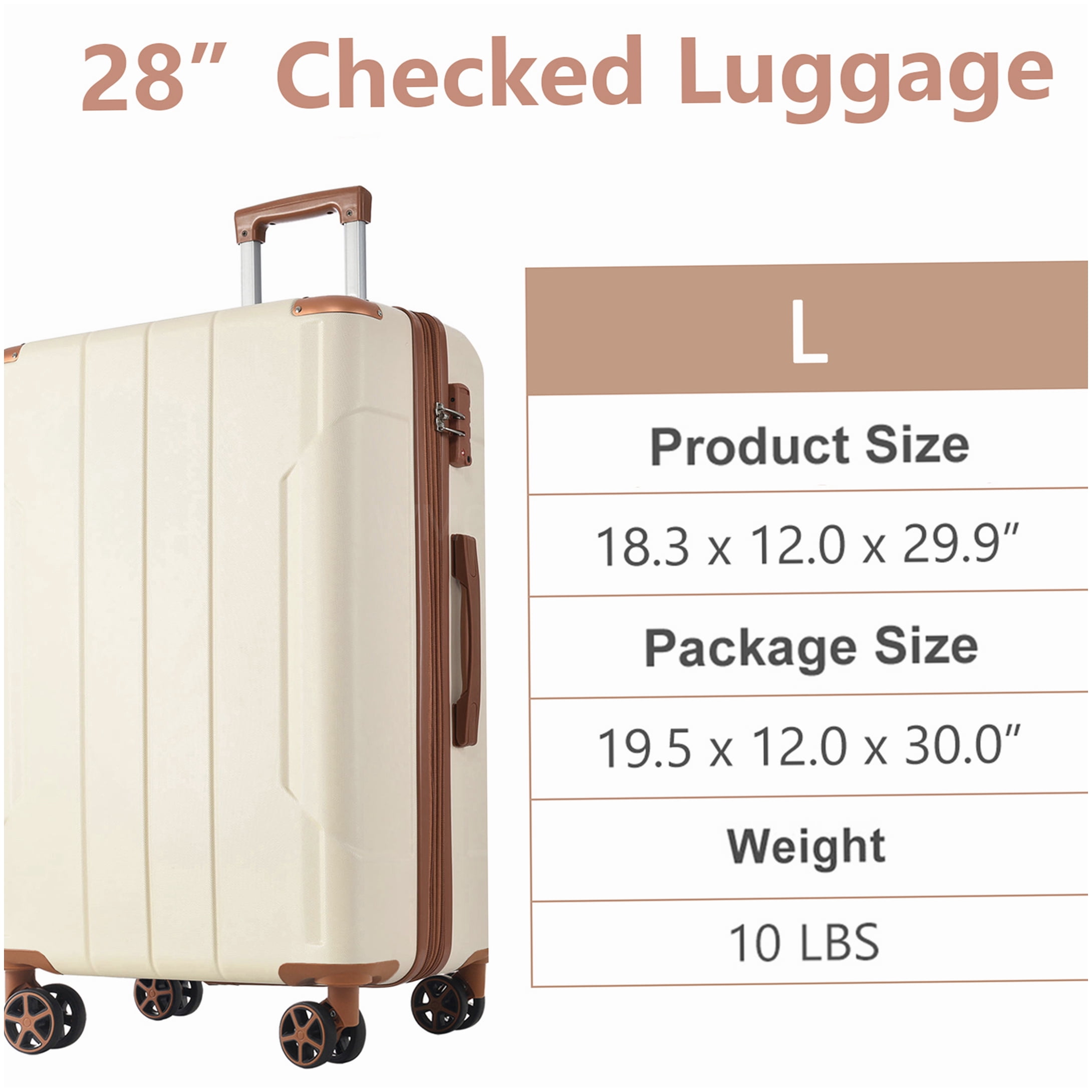 28" Hardshell Check-in Suitcase, Expandable TSA Lock Luggage with 4 Double Wheels, Lightweight ABS, Brown and White