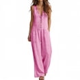 thumbnail image 3 of VBVC Women's Cotton-Linen Sleeveless Jumpsuit,Ruffle Trim Button Down Romper For Women,Ladies V-Neck Wide Leg Vacation Outfit with Pockets,Pink,S-3XL, 3 of 8