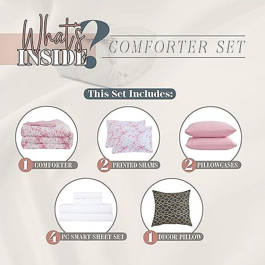 Elegant Comfort Reversible 10-Piece Comforter Set, Tie-Dye Print, Decorative Pillow and Fitted Sheet with Smart Pockets, Soft, Plush, Lightweight Material, 10pc Tie-Dye Set, Full, Light Pink