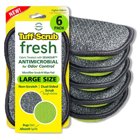 Tuff-Scrub Fresh Microfiber Scrub-N-Wipe Pads, with SILVADUR for Odor Control, Non-Scratch Scrubbing Sponge, Large Size 6-Pack
