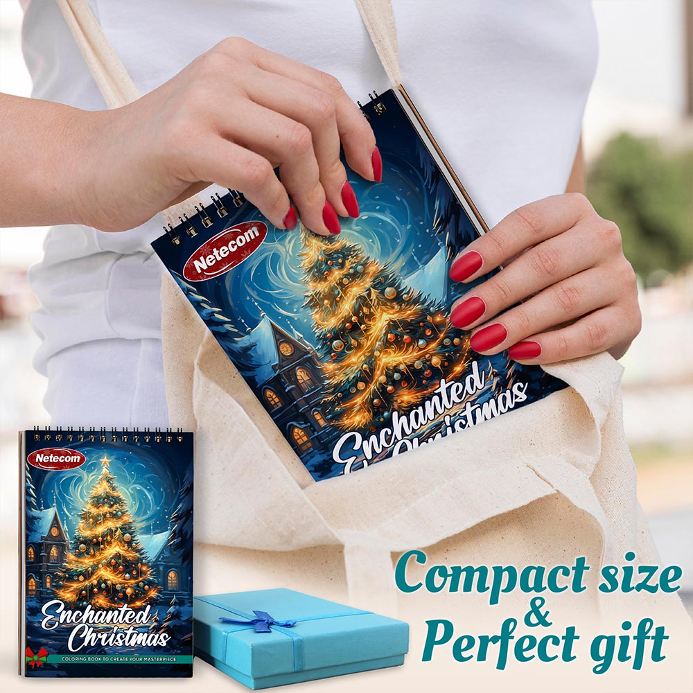 Netecom Enchanted Christmas Coloring Book Spiral Bound for Adults, A5 Wooden Cover, 30 Beautiful Coloring Pages of Mesmerized Christmas Scenes for Stress Relief and Relaxation
