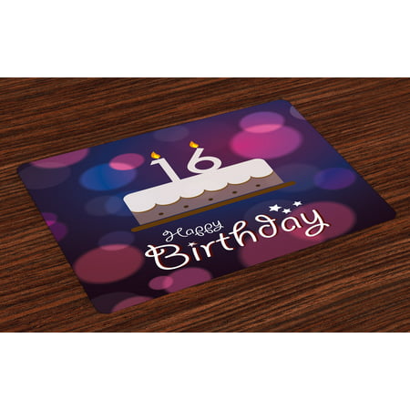 16th Birthday Placemats Set of 4 Cake with Candle Anniversary of Birth Best Wishes Young Image, Washable Fabric Place Mats for Dining Room Kitchen Table Decor,Fuchsia and Dark Blue, by