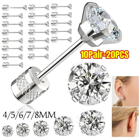 pairs Push-in Flat Back Stud Earrings Hypoallergenic Surgical Stainless Steel Cubic Zirconia Earrings Studs Set Multi-Pack, CZ Stud Earrings for Women Men