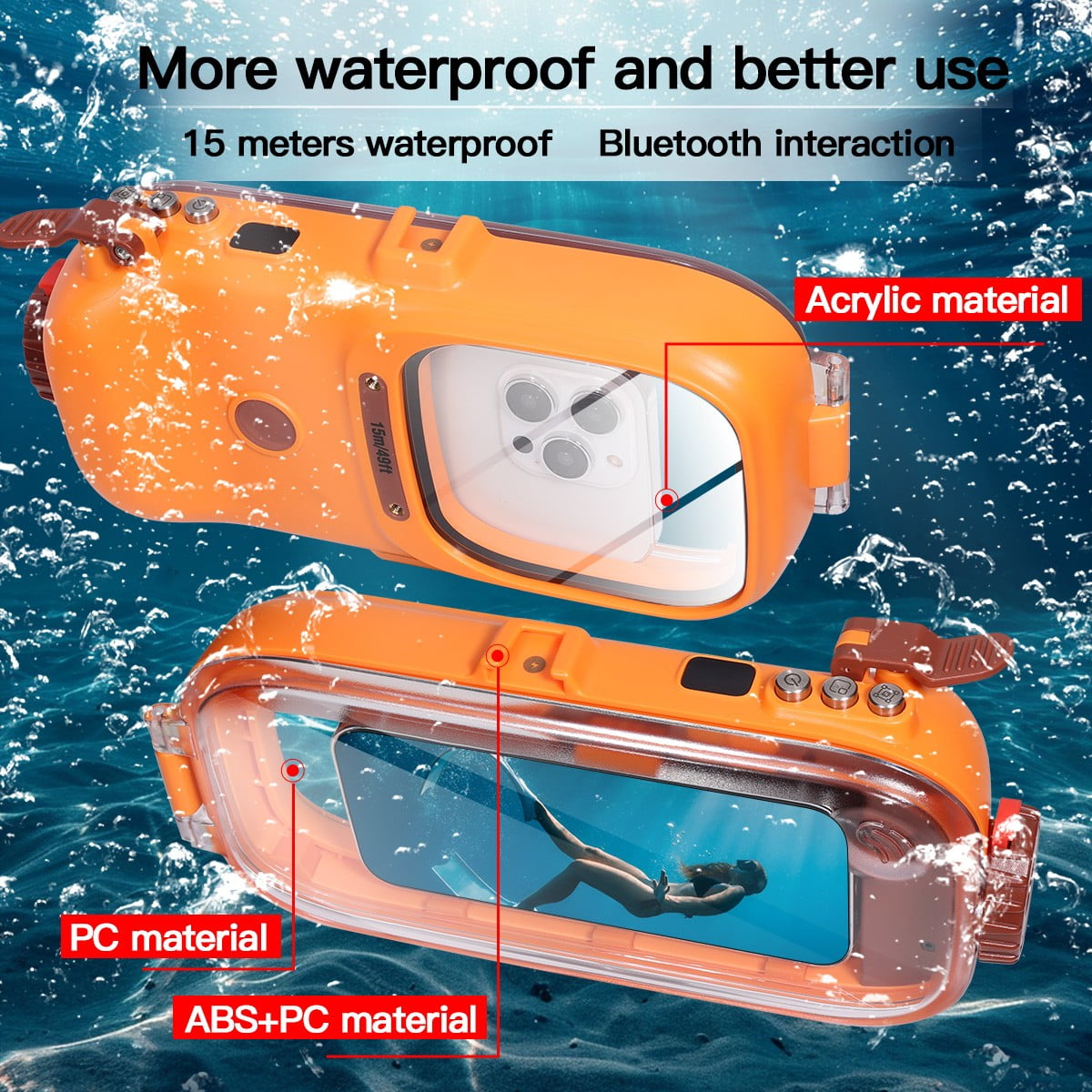 Universal Diving Waterproof Phone Case, Underwater Wireless Connection Photo Video for Surfing Swimming Snorkeling Compatible for iPhone/Galaxy/Google/Motorola Orange