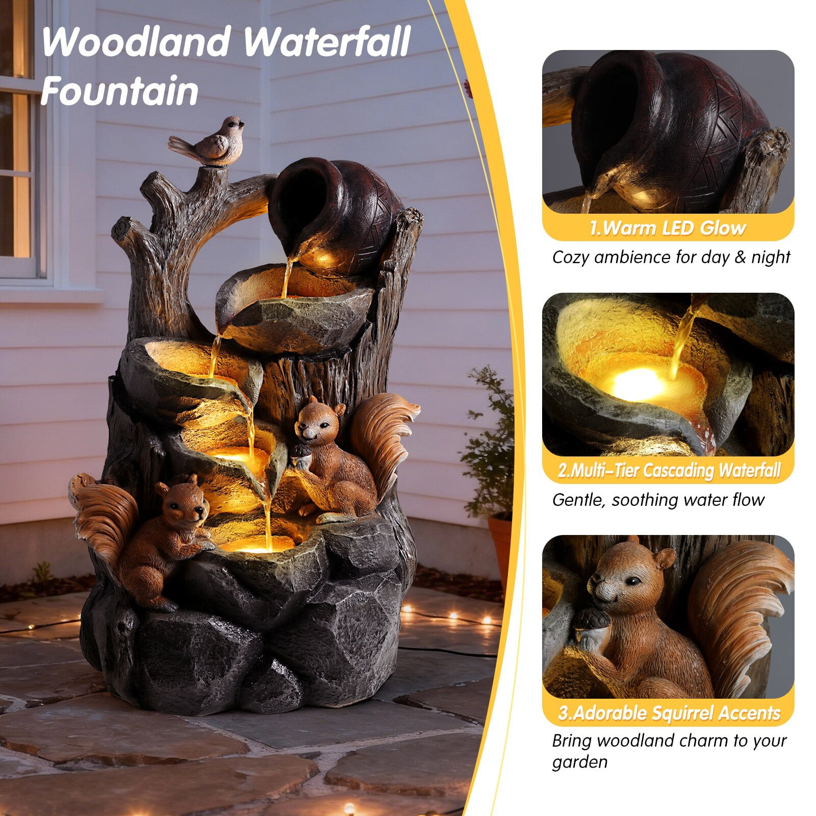 Alukang Outdoor Squirrel Waterfall Fountain with Lights Water Fountains Garden Decoration Resin Tree Stump Pouring Jug for Patio Yard Porch, Gray