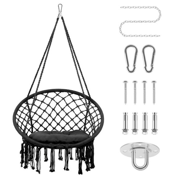 Hammock Swing Chair, Plush Padded Cushion, Sturdy Steel Frame, Lightweight, Hanging Hammock Chair, Bedrooms, Balconies, Gardens, Black