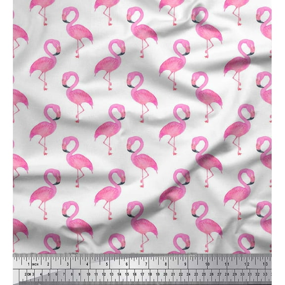 Soimoi White Poly Georgette Fabric Flamingo Bird Print Fabric by the Yard 42 Inch Wide