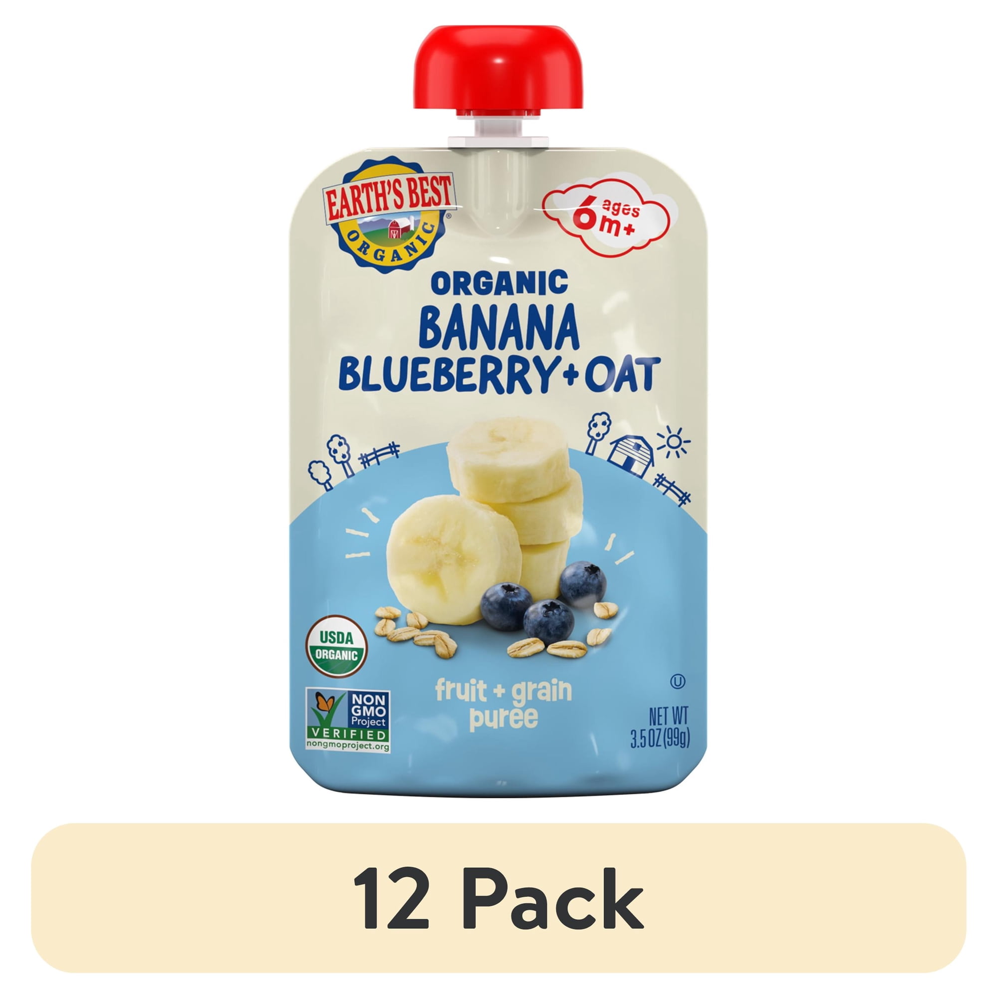 (12 pack) Earth's Best Organic Stage 2 Baby Food, Banana Blueberry Oat Fruit & Grain Puree, 3.5 oz Pouch