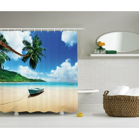 Coastal Accessories Ocean Coastal View Boat On The Beach Mahe Lagoon, Bathroom Accessories, 69W X 70L Inches, By Ambesonne ()