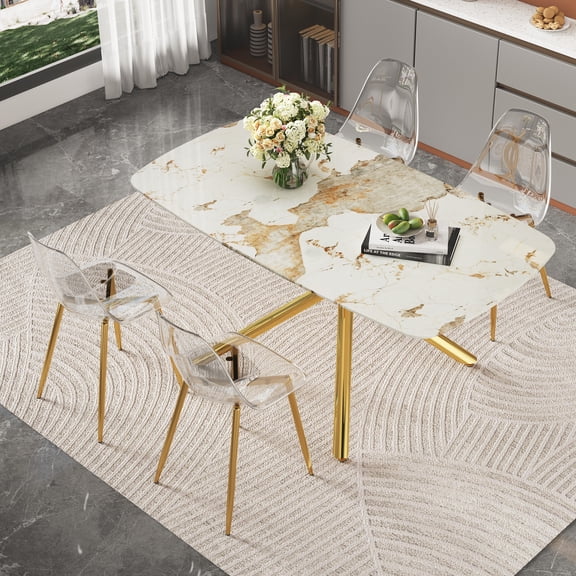 Table and chair set. 63" x 35.4" Luxurious White Marble-Patterned Tempered Glass Dining Table.Paired with 4 Transparent Plastic Chairs with Gold Metal Legs.Bring a comfortable home experie