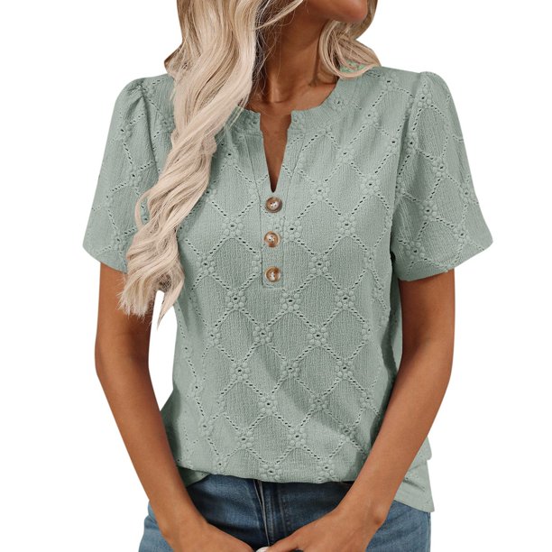 Camiseta con cuello en V y botones para mujer: camiseta informal y cómoda para casa o para salir, con estampado floral jacquard, mangas cortas y fácil de cuidar