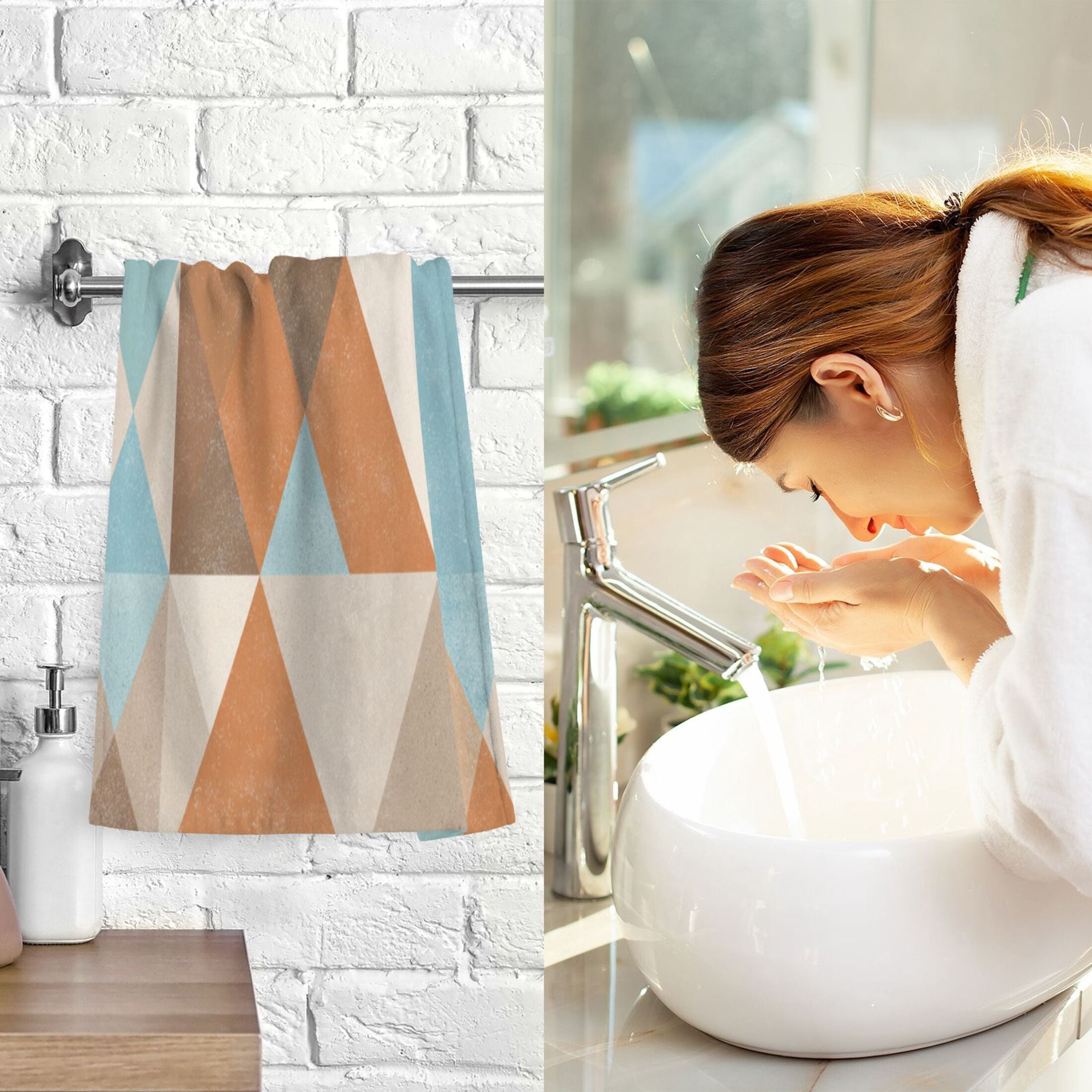2 Pieces of Cotton Towel Face Towel Set Hand Towel Bath Towel Cotton Bath Towel Sets Terracotta Triangle Geometric Mosaic
