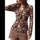 thumbnail image 3 of Camisas de Larga para Mujer, Blusas Bohemias con Estampado Floral, Blusas Ajustadas con Cuello en V y Botones Negro S, 3 of 8