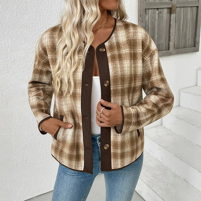WRKEKC Modern Plaid Overshirt for Women, Long Sleeve Open Front Shacket with Contrast Check Pattern and Functional Pockets, Casual Street Style Khaki S