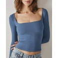 thumbnail image 2 of Women's Sexy Long Sleeve Square Neck Tops Slim Fitted Double Lined Basic Shirts, 2 of 3