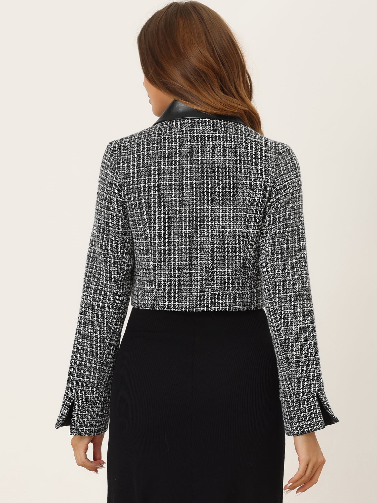 DARING DIVA Women's Lapel Collar Vintage Plaid Tweed Cropped Jackets Blazer Black XS