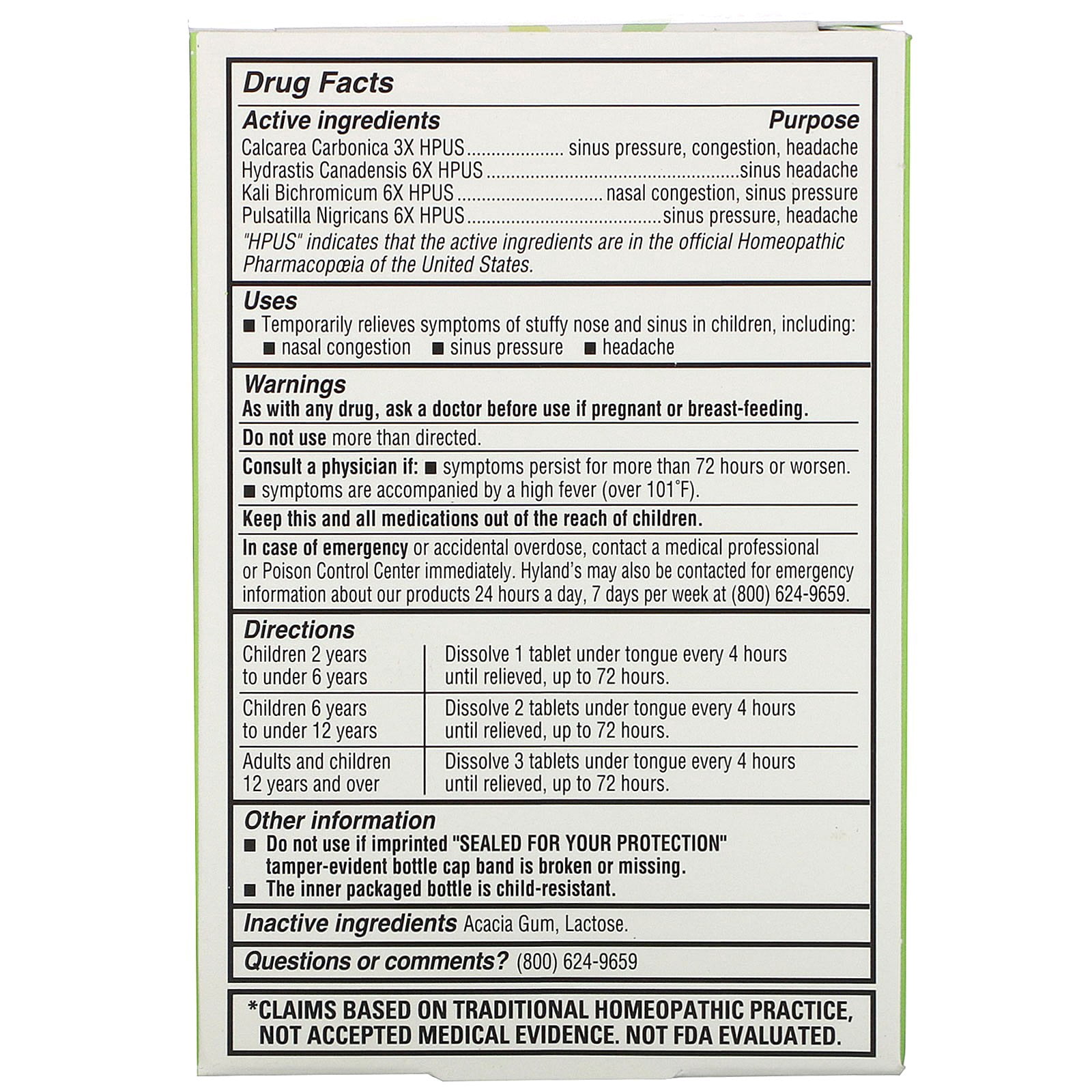 4 Kids, Stuffy Nose and Sinus, 2-12 Years, 50 Quick-Dissolving Tablets, Hyland's