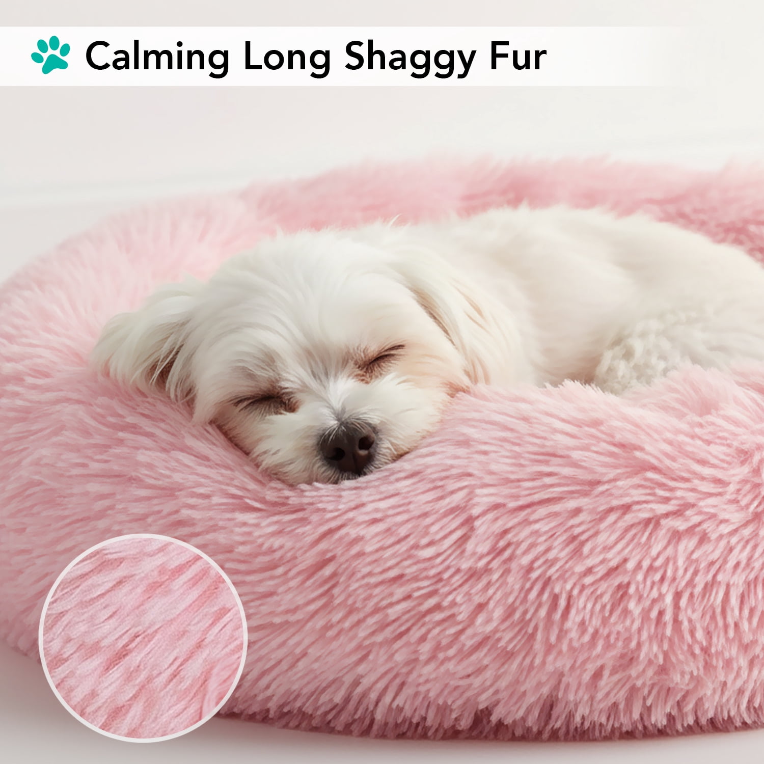 PetAmi Calming Dog Bed for Small & Medium Dogs and Cats, 23 Round Donut Dog Bed, Washable Fluffy Faux Fur Puppy & Cat Bed, Anti-Anxiety Plush Cuddler Pet Bed with Anti-Slip Bottom - Pink