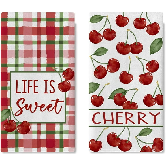 Cherry Kitchen Dish Towels Set of 2, Life is Sweet Fruit Red Green Plaid Drying Hand Towel Baking Cooking Cloth, Spring Summer Farmhouse Bathroom Home Decoration 16 x 24 Inches