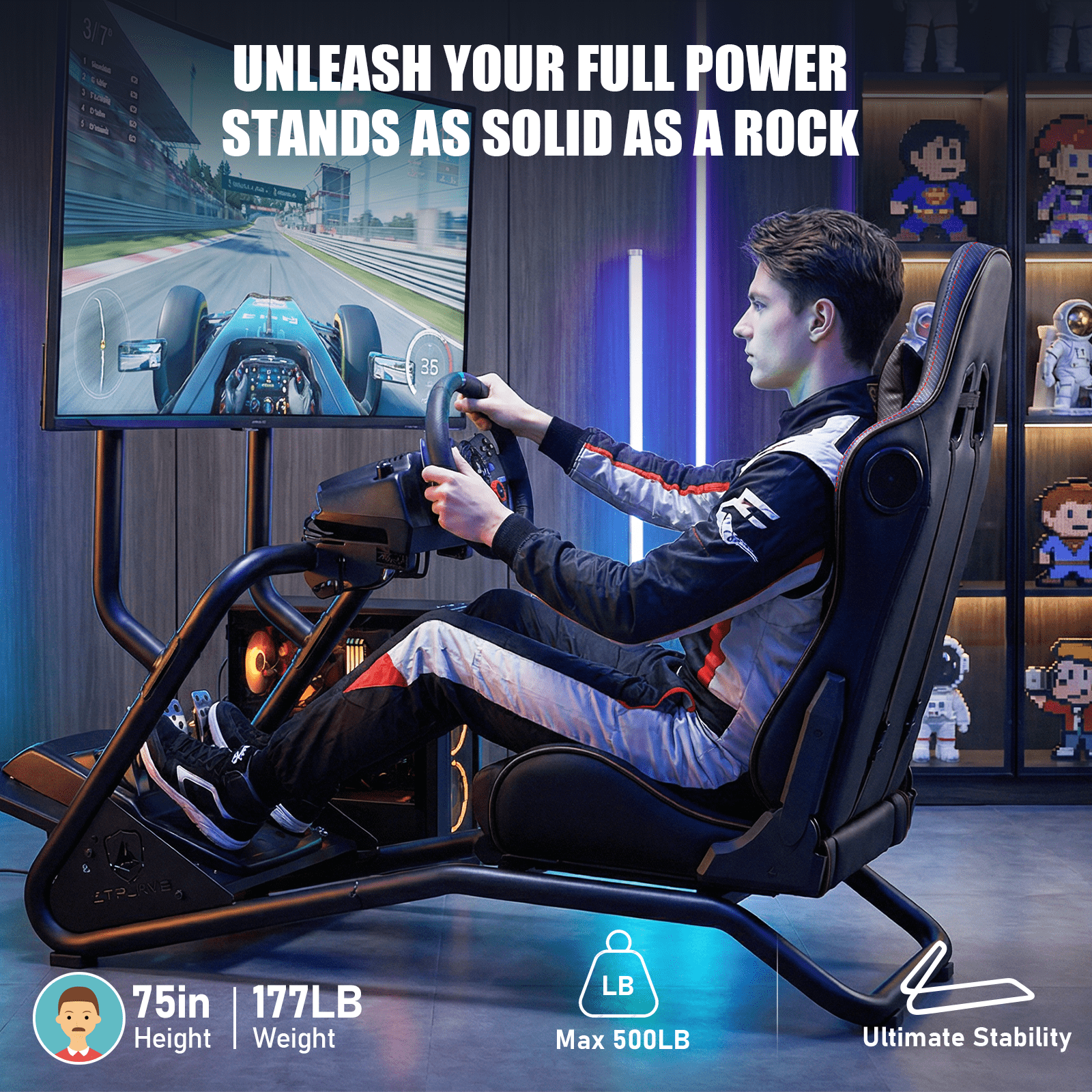 GTPLAYER Racing Simulator Cockpit with Monitor Stand, Racing Style Reclining Seat with Bluetooth Speakers, Black